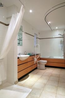Crieff Hydro - accessible bathroom with ceiling track hoist and roll in shower